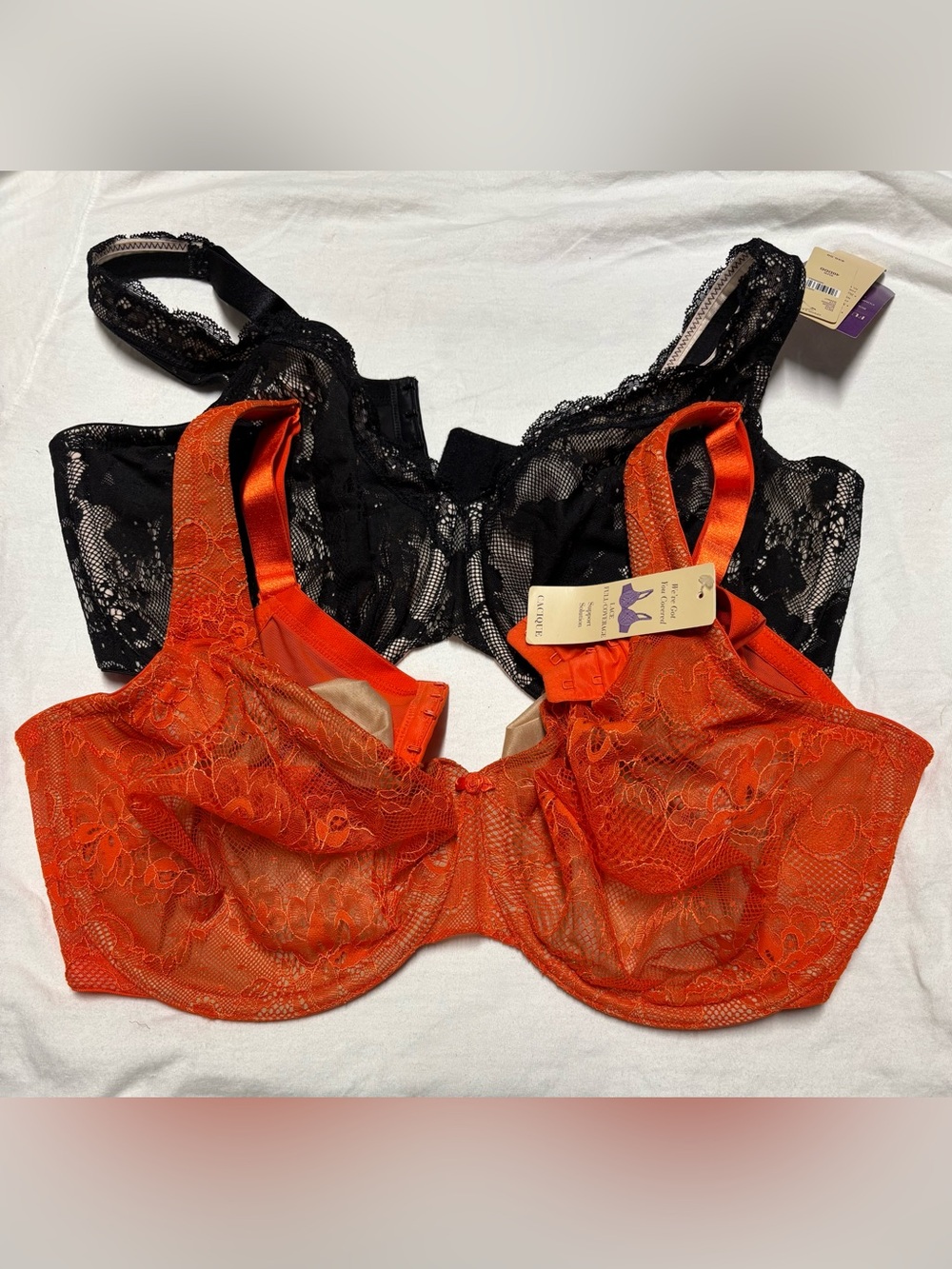 Cacique Orange Lace Underwire Bra with Black Lace Back